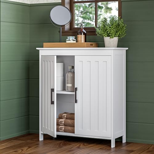 RiverRidge Monroe Two-Door Floor Storage Cabinet - Bathroom Storage Cabinet with Adjustable Shelves - Soft-Close Doors White Finish with Matte Black Handles
