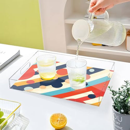 Acrylic Tray Clear Serving Vanity Ottoman Bathroom Coffee Table Countertop Organizer Raised Edge Spill Proof Multicolor Stripe Retro - color: Multicolor Stripe Retro