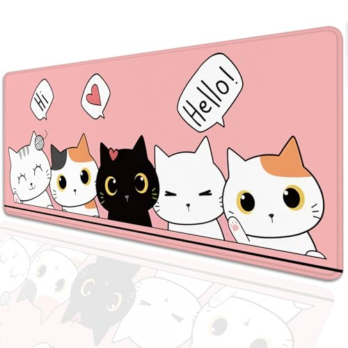 Cute Cats Desk Pad Mouse Pad,Cute Cartoon Lofi Cats Pink Mouse Mat Large,Stitched Edges Non-Slip Waterproof Rubber Base Mouse Mat for Office Home Work Gaming（27.5 x 11.8 in） - color: Lofi Cat