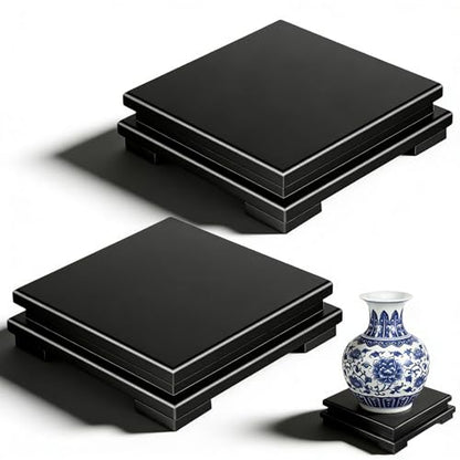 Lemecima 2 Pcs Square Wooden Display Stand, 6.7 x 6.7 x 2 Inch Pedestal Riser Base for Vases, Teapot, Trophy, Collectibles, Aquarium, Lamp, Home & Office Decoration（Black）