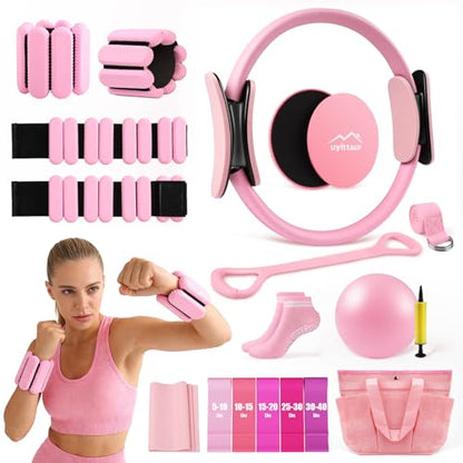 Uyittour 16PCS Pilates Kit, Home Pilates Workout Kit with Ankle Weights, Pilates Ring and Ball Set for Women, Pilates Equipment with Resistance Bands, Core Sliders & Socks for Starter Home Workouts