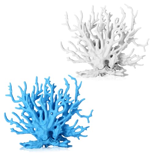 2 Pack Artificial Coral Reef Decor for Aquarium Blue and White Fish Tank Decorations for Landscaping Cute Plastic Ornaments for Terrarium