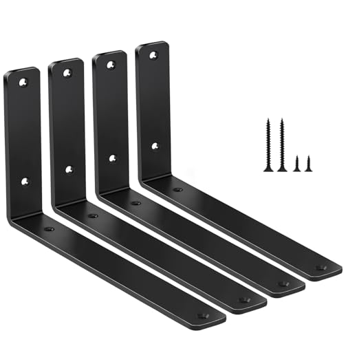 4 Pack - L 11" x H 6" x W1.5, 5mm Thick Black L Shelf Bracket, Iron Shelf Brackets, Metal Shelf Brackets, Floating Shelf, Shelf Supports with Screws - size: 11''x6'', style: Black 4 Pack