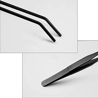 2PCS Aquarium Tweezers Stainless Steel Straight and Curved Tweezers Set Long Handle Reptile Feeding Tongs for Aquatic Plants Lizards Spider Snakes Garden Repairing - 10.6inch, Black