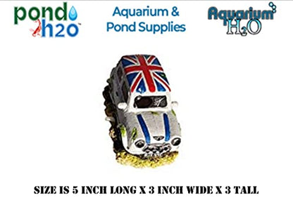 Mini White Automobile with Union Jack Roof Aquarium Ornament with Bubbler Attachment, 5 Inch Long Car Decor with Air Bubbling, Aerating Fish Tank Decoration (AIr Pump Required, Not Included)