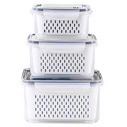 3Pack Fridge Food Storage Container Set with Lids with Strainer,Plastic Fresh Produce Saver Vegetable Fruit Meat Storage Organization, BPA-Free Plastic Produce Keepers(3.15L+1.7L+0.8L)