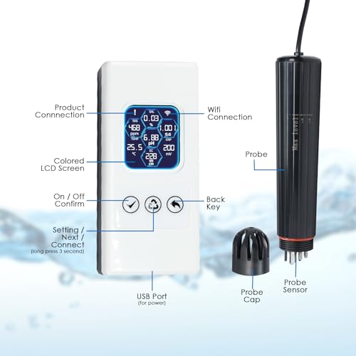 Smart Aquarium Water Quality Monitor 7-in-1 pH, Temperature, TDS, EC, Salinity, ORP & Specific Gravity Real-Time Alerts with App Control, Replaceable Probe for Freshwater, Saltwater, Reef & Ponds