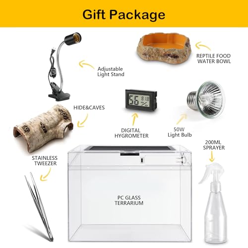 Reptile Polycarbonate Terrarium Kit 7 Piece Starter Habitat for Tarantula,Lizards,Frogs,Geckos,or Hermit Crabs,Tank with Escape-Proof Locking Lid,Light,Hygrometer,Hide,Tweezer,Bowl,Sprayer L - size: Large(15.6x8x10IN)