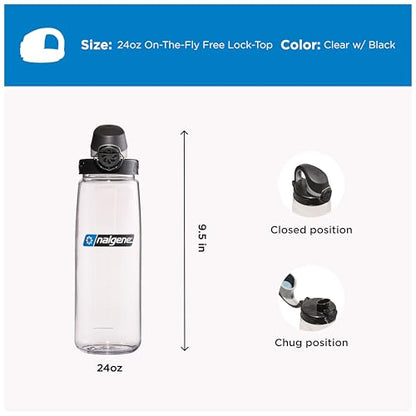Nalgene 24 oz On The Fly Lock-Top Water Bottle, Clear w/Black | Easy Chug Cap with Locking Lid, Cup Holder Size, BPA-Free, Durable & Leak Proof, Lightweight Bottle for Hiking, Gym & Travel - color: Clear with Black, size: 22 Ounces
