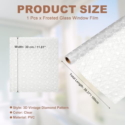 uxcell Window Privacy Film, 39.4 x 11.8 Inch Frosted Glass Window Film, Static Cling Non-Adhesive Reusable Door Coverings 3D Diamond Pattern for Bathroom Home Living Room, Clear - size: 39.4 x 11.8 Inch