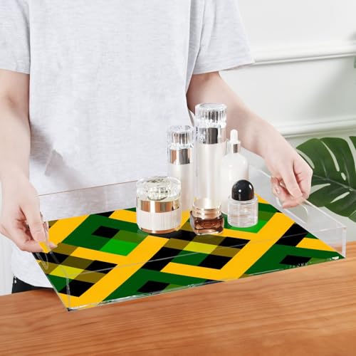 Acrylic Tray Clear Serving Vanity Ottoman Bathroom Coffee Table Countertop Organizer Raised Edge Spill Proof Jamaican Plaid Green Yellow - color: Jamaican Plaid Green Yellow