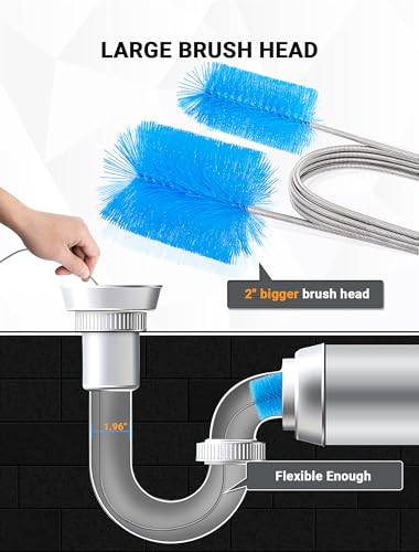 Flexible Long Drain Brush Tool with Large Double Elastic Nylon Ends, Stainless Steel Tube Cleaner Brush for Kitchen, Sink, Drain Pipe, and Long Pipe Cleaning, 2 Straw Cleaning Brushes