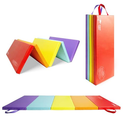 Kangaroo Hoppers Gymnastics Tumbling Mats Foldable Gym Tumble Mat for Kids - color: Rainbow, size: 4×8FT×1.5''