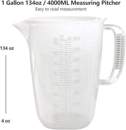 1 Gallon Measuring Pitcher-Convenient Conversion Chart,134oz Extra Large Plastic Measuring Cup-Strong Food Grade Material,Graduated Mixing Pitcher Great for Lawn,Pool Chemicals, Motor Oil and Fluids