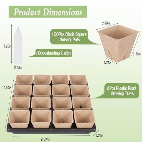 100 Pcs Square Nursery Pots with Drain Holes and 6 Pcs Plastic Plant Growing Trays and Plant Labels, Seed Starter Kit Propagation Tray Seed Starting Pots for Seedling Plant Growing
