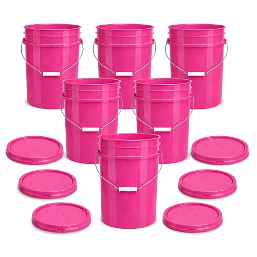 5 Gallon Bucket - Food Grade Bucket with Airtight Gasketed Tear Strip Lid, BPA-Free, Heavy-Duty 90 Mil HDPE Plastic Pail, Bulk Storage, Durable Container, Made in USA - Pink, 6 Packs - color: Pink, size: 6 Packs