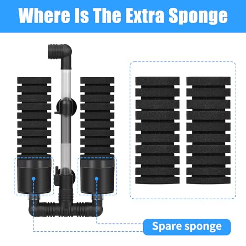 AQUANEAT Aquarium Air Powered Sponge Filter with Ceramic Media Balls, for Betta Fry Shrimp Fish Tank, with 2 Spare Sponges, up to 55Gal