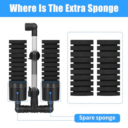 AQUANEAT Aquarium Air Powered Sponge Filter with Ceramic Media Balls, for Betta Fry Shrimp Fish Tank, with 2 Spare Sponges, up to 55Gal
