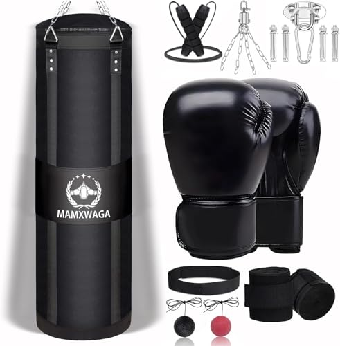 4FT Canvas Punching Bag for Adults, Hanging Boxing Heavy Bag with 12oz Gloves for Kickboxing Muay Thai Max Load-Bearing 180 Lbs(Unfilled)