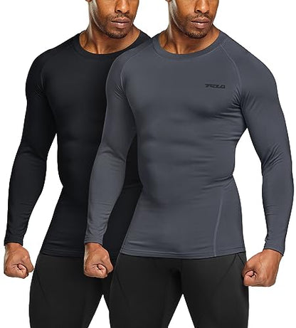 TSLA Men's Thermal Long Sleeve Compression Shirts, Athletic Base Layer Top, Winter Gear Running T-Shirt - color: 2pack Black/Charcoal, size: Small