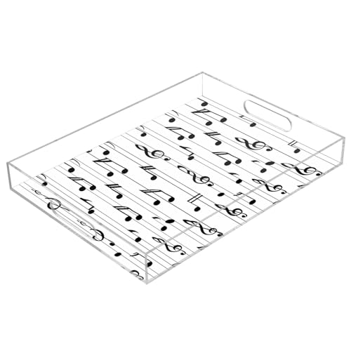 Acrylic Tray Clear Serving Vanity Ottoman Bathroom Coffee Table Countertop Organizer Raised Edge Spill Proof White Black Music Lines - color: White Black Music Lines