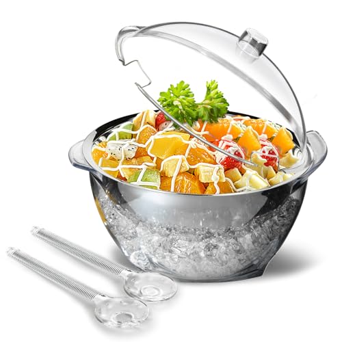 MEHOEIME Large Ice Chill Salad Bowl with Lid, Iced Serving Bowl with Ice Chiller Base For Parties, Keep Food Cold at Party, Ice Chilled Tray, Long Spoons, Extra, Clear