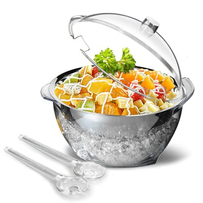 MEHOEIME Large Ice Chill Salad Bowl with Lid, Iced Serving Bowl with Ice Chiller Base For Parties, Keep Food Cold at Party, Ice Chilled Tray, Long Spoons, Extra, Clear