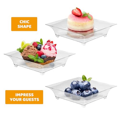 100 Pack 1 oz mini Square Dessert Plates for Appetizers，Mini Plastic Plates with Spoons，Reusable Square Small Party Serving Bowls for Trifle, Cheesecake, Ice cream