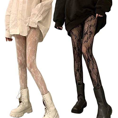 Verdancy 2Pcs Women’s Ultra Stretchable Pantyhose Hollow Floral Patterned Lace Stockings Fishnet Tights Plus Size - color: 2pcs Black & White Tree Vine