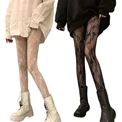 Verdancy 2Pcs Women’s Ultra Stretchable Pantyhose Hollow Floral Patterned Lace Stockings Fishnet Tights Plus Size - color: 2pcs Black & White Tree Vine