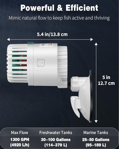 Pawfly Wave Maker for Aquarium, 1300 GPH Aquarium Powerhead, Quiet Submersible Wavemaker for 25-100 Gallon Fish Tanks, Water Circulation Pump with Strong Suction Cup Base - size: for Tanks up to 100 Gallons