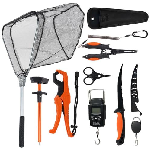 RAWILL 9 Pcs Fishing Tool Kit, Fishing Pliers with Lanyard and Protective Sheaths, Landing Net, Fillet Knife, Fish Scale, Gripper - color: Orange