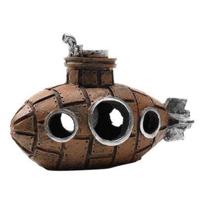 Brown Retro Floating Submarine Ornament for Aquarium - Cute Resin Hovering Decor, Safe Interactive Tank Accessory for Betta, Cichlids, Goldfish, Shrimp, Hermit Crabs