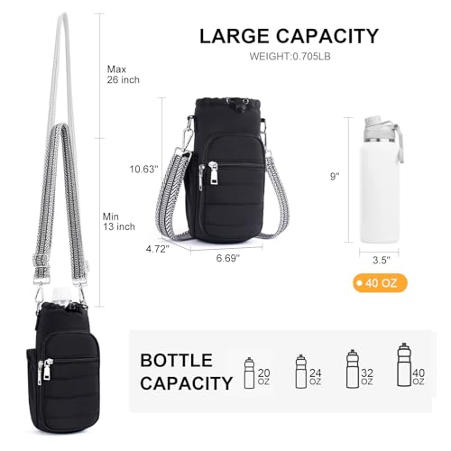 Water Bottle Bag 40 oz Crossbody Holder for Walking Hiking Insulated Carrier Purse with Adjustable Strap - color: Black