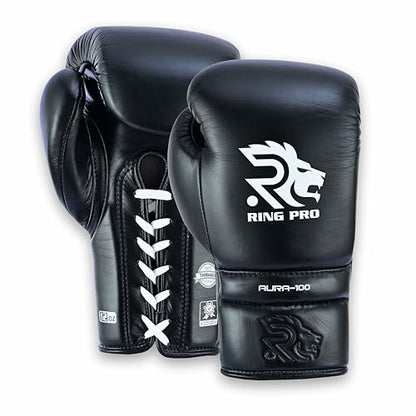 Aura 100 Full Grain Leather Lace Up Boxing Gloves for Men & Women – Professional Training, Sparring, Competition, Muay Thai, Kickboxing & Heavy Bag Gloves - color: Black, size: 10 OZ