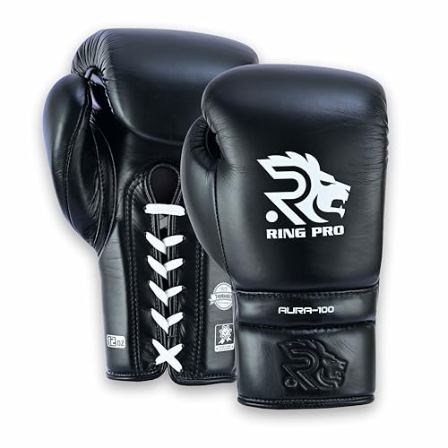 Aura 100 Full Grain Leather Lace Up Boxing Gloves for Men & Women – Professional Training, Sparring, Competition, Muay Thai, Kickboxing & Heavy Bag Gloves - color: Black, size: 14 OZ