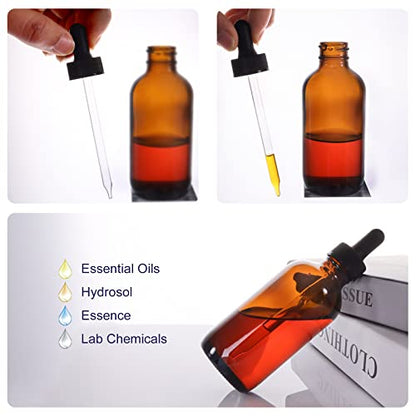 24 Pack 4oz Amber Glass Bottles with Glass Eye Droppers for Essential Oils, Perfumes & Lab Chemicals (Brushes, Funnels, Extra Droppers, Labels & Measuring Cup Included) - color: Amber