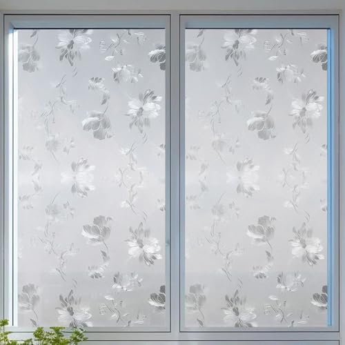 Frosted Privacy Window Film,3D Pattern Glass Sticker,Static Cling Non Adhesive Decorative Window Film for Home Office Bathroom,11.8 x 78.7 in - color: White Hibiscus Flower