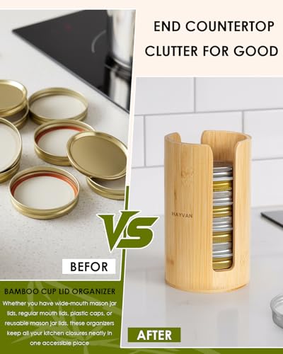 HAYVAN 2 Pack Mason Jar Lid Organizer - Bamboo Canning & Tumbler Lid Holder, Vertical Space Saving Storage for Kitchen & Home, Includes Brush & Stickers