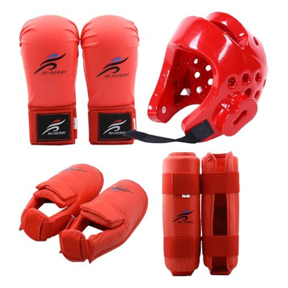 Red Sparring Gear Set, Boxing Headgear Safety Helmet Karate Gloves Karate Shin Guards Boxing Gear Equipment for Beginner Kid Adult Protective Training M