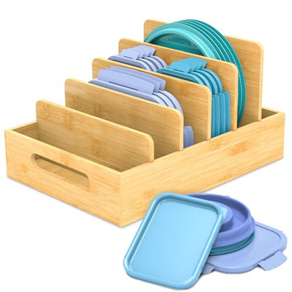 Bamboo Lid Organizer for Plastic Lids, Adjustable Tall Dividers for Cabinet Drawer, Food Container Lid Holder for Kitchen Storage and Organization