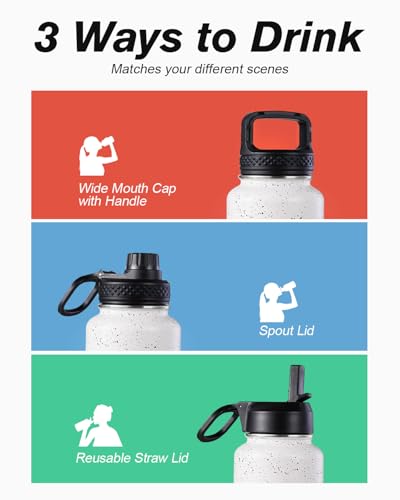 Coolflask 40 oz Water Bottle Insulated with Straw & 3 Leakproof Lids - color: Arctic White, size: 40 Ounces