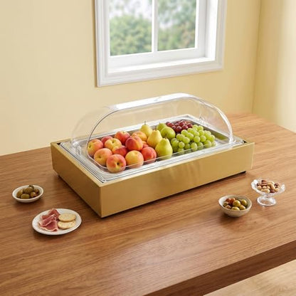 Countertop Ice Food Serving Display Tray with Transparent Roll Lid Buffet Cold Serving Cooler Platter Cooling Fruit Food Dishes Display Plate Table Decorations