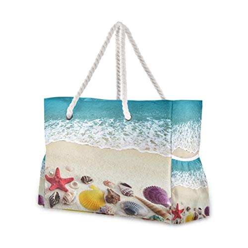 senya Large Beach Bags Totes Canvas Tote Shoulder Bag Soft Wave Water Resistant Bags for Gym Travel Daily Ocean - color: Sea Shells on Beach