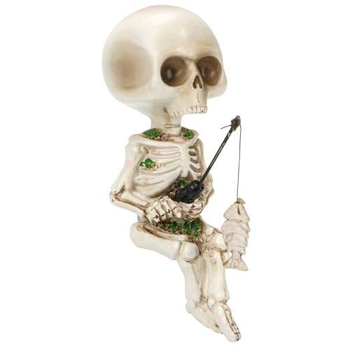 Cute Skeleton Decor Mini Funny Skeleton Fishing Halloween Decoration, Skull Fish Tank Decorations Garden Pond Accessories Figurines, Indoor Computer Bookshelf Christmas Accessory Statue for Desk