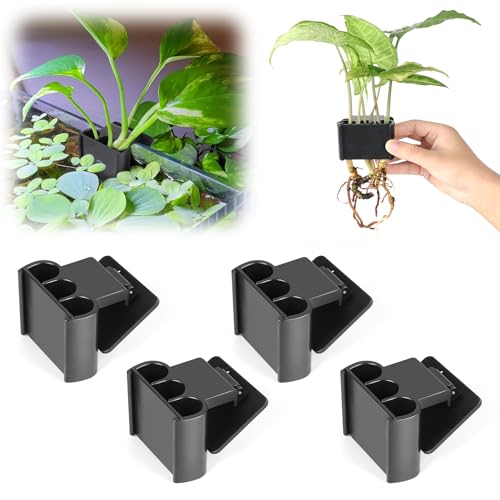 4 Pk Upgraded Aquarium Plant Holder, 3-Hole Hanging Aquarium Plant Holder with Clip, Suitable for Fish Tank Plant Potting, Aquarium Decoration, Plant Holder for Fish Tank, Black - color: Black 4