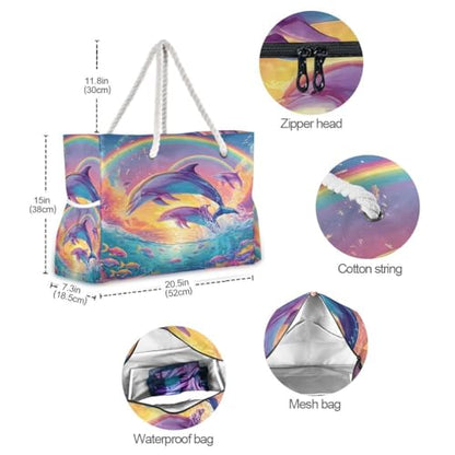 senya Large Beach Bags Totes Canvas Tote Shoulder Bag Soft Wave Water Resistant Bags for Gym Travel Daily Ocean - color: Dolphin Ocean Rainbow