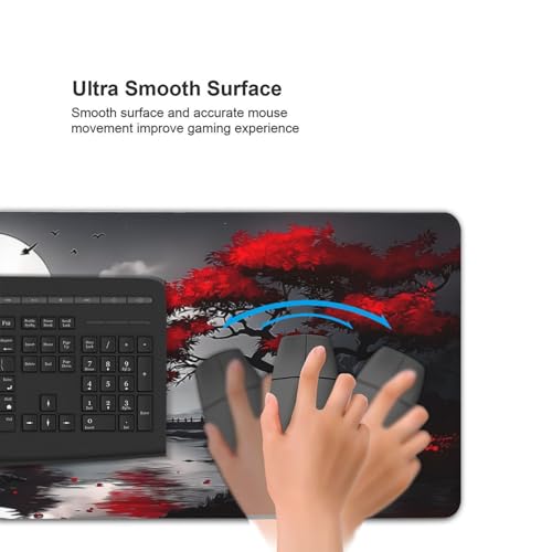 Gaming Mouse Pad 35.4 x 15.7 Inch, Large Extended Desk Mousepad with Oriental Landscape Moon Design, Water-Resistant Surface, Stitched Edges, Non-Slip Rubber Base Desk Mat for Gaming & Office - color: Oriental Landscape Moon