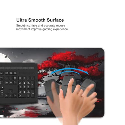 Gaming Mouse Pad 35.4 x 15.7 Inch, Large Extended Desk Mousepad with Oriental Landscape Moon Design, Water-Resistant Surface, Stitched Edges, Non-Slip Rubber Base Desk Mat for Gaming & Office - color: Oriental Landscape Moon