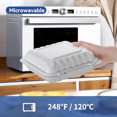 White To Go Containers 8" 34 oz 55 Pack - Shrink Wrap Ready to Use | Mineral Filled PP BPA Free Clamshell Boxes | Food Grade Freezer Microwave Dishwasher Safe | Bulk for Catering & Restaurants - size: 8 inch 34 oz